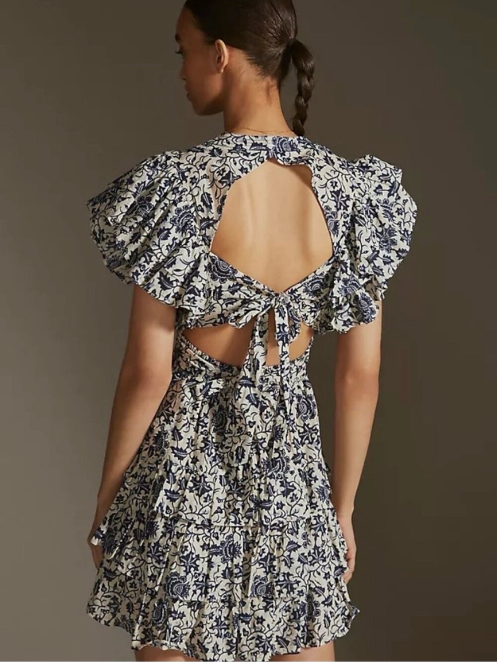 Anthropologie LOVE THE LABEL Isla Smocked Tie back Ruffle Mini Dress Size XS